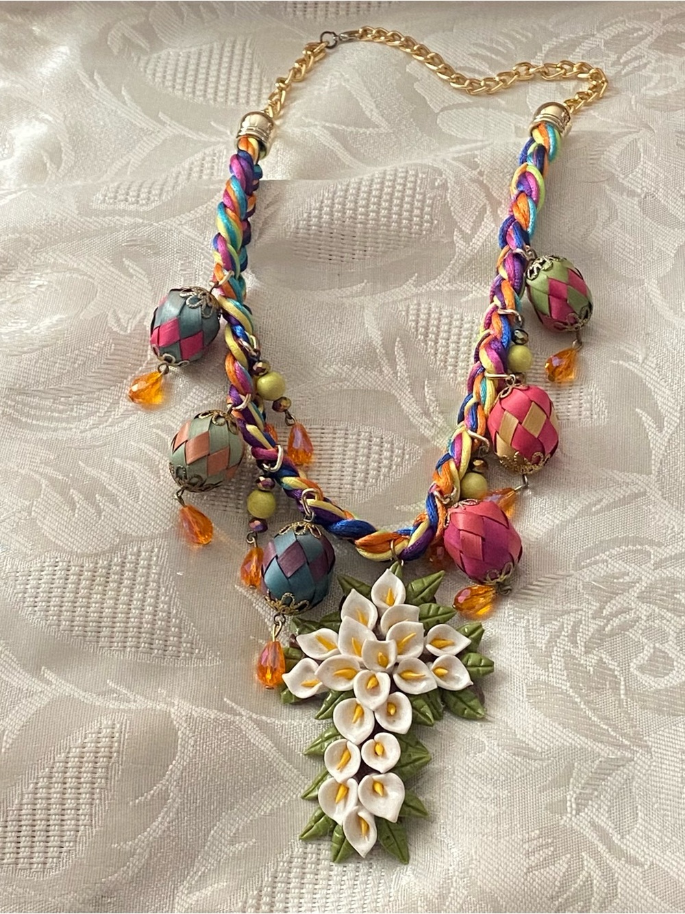 14” To 18” Mexican Necklace Cross Calla Lily Pendant Braided Ribbon Palm Spheres